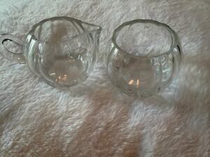 Vintage Clear Glass Creamer & Sugar Bowl Set Swirl Ribbed Open Sugar No Lid